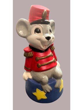Ceramic Mouse Figurine In Red Uniform With Gold Accents Sitting On Blue Base Wit
